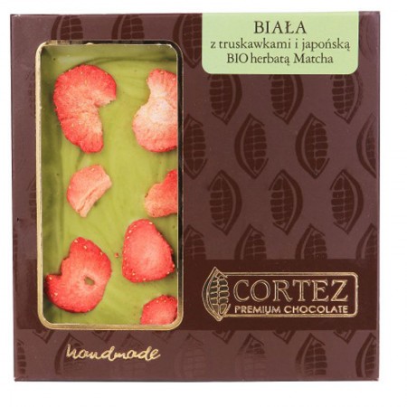 Czekolada biała z truskawkami i japońską herbatą matcha 85g Cortez