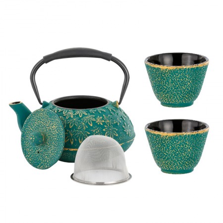 Dzbanek żeliwny 1200ml + 2 czarki 100ml Zielono-Złoty