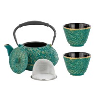Dzbanek żeliwny 1200ml + 2 czarki 100ml Zielono-Złoty