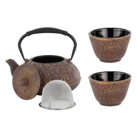 Dzbanek żeliwny 1200ml + 2 czarki 100ml Brązowo-Złoty