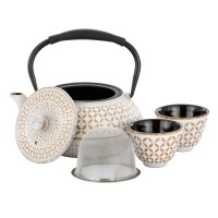 Dzbanek żeliwny 600ml + 2 czarki 100ml Kremowo-Złoty