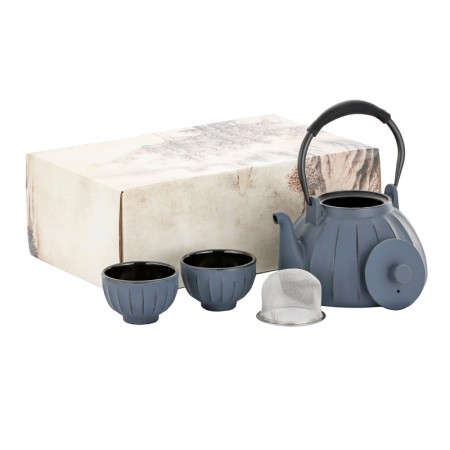 Dzbanek Żeliwny 1000ml + 2 czarki 100ml Niebieski